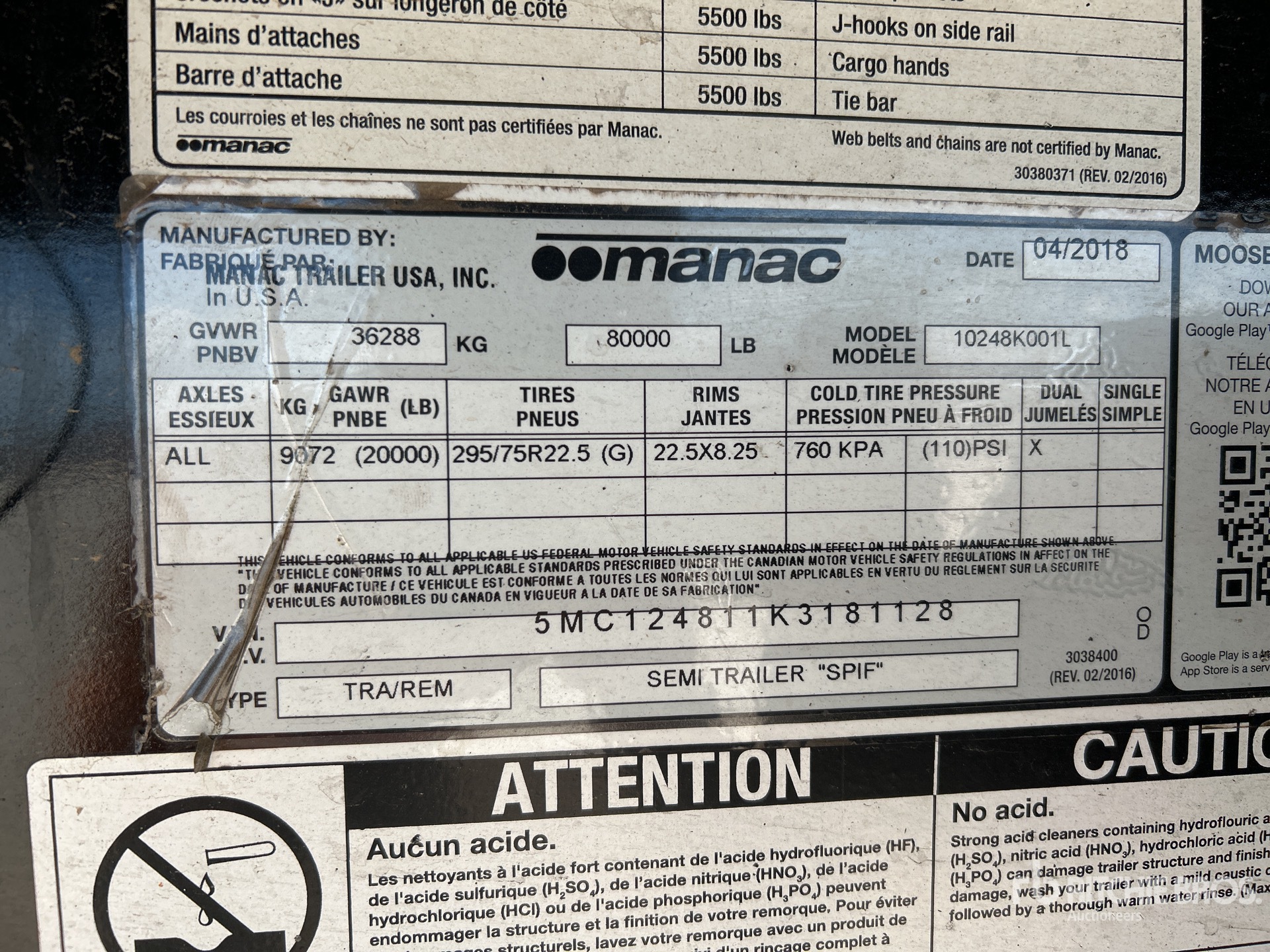 2019 Manac 10248K001L 48 ft T/A Remolque caja abierta