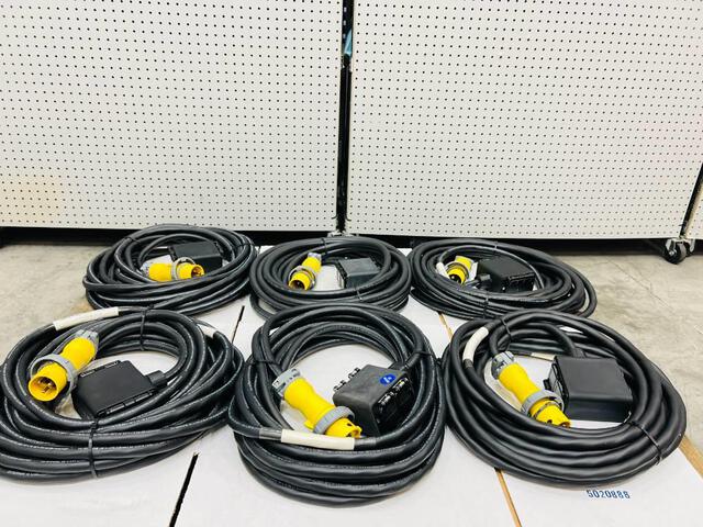Quantity of (6) LEX 20 Amp 50 ft Electrical Distribution Power Cords w/ Quad Boxes (Unused) Quantity of (6) LEX 20 Amp 50 ft Electrical Distribution Power Cords w/ Quad Boxes (Unused)