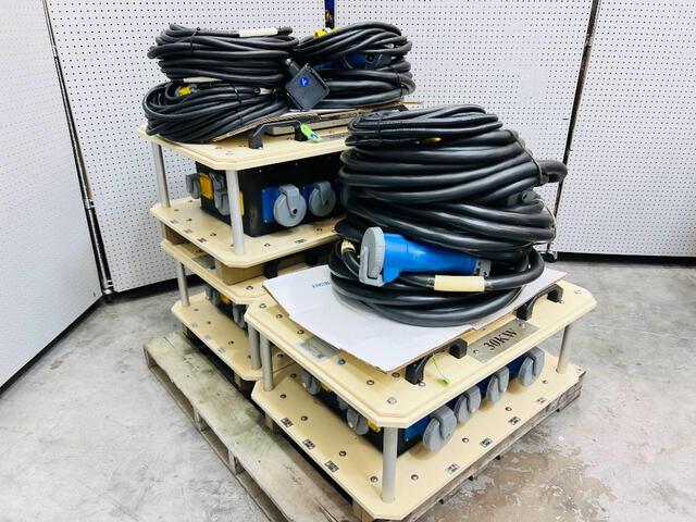 Quantity of (3) LEX 30 kW 100 Amp Power Distribution Spider Boxes w/ Pin Sleeve Power Cords & Quad Boxes (Unused)