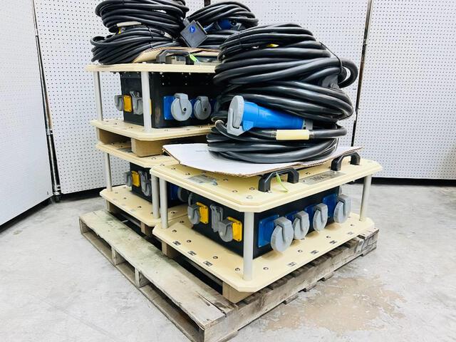 Quantity of (3) LEX 30 kW 100 Amp Power Distribution Spider Boxes w/ Pin Sleeve Power Cords & Quad Boxes (Unused)