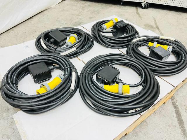 Quantity of (5) LEX 20 Amp 50 ft Electrical Distribution Power Cords w/ Quad Boxes (Unused)