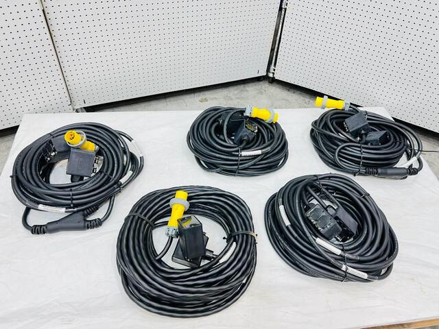 Quantity of (5) LEX 75 ft "Y" Power Distribution Cords w/ Duplex Quad Boxes (Unused)