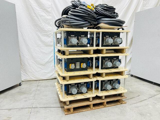 Quantity of (6) LEX DB100 30 kW Power Distribution Spider Box w/ Power Feeder Cords & Adapters (Unused)