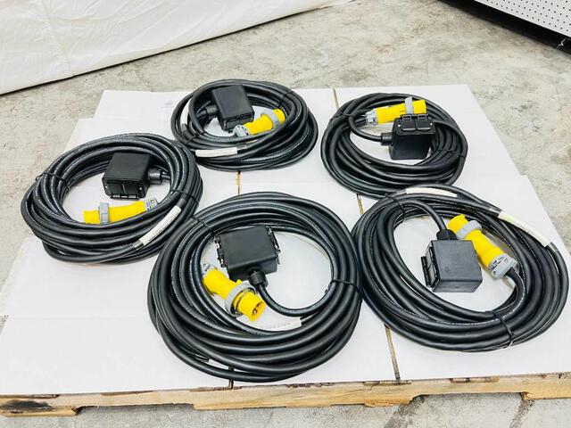 Quantity of (5) LEX 20 Amp 50 ft Electrical Distribution Power Cords w/ Quad Boxes (Unused) Quantity of (5) LEX 20 Amp 50 ft Electrical Distribution Power Cords w/ Quad Boxes (Unused)