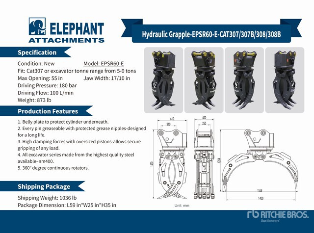Elephant R6 Attachment 2025 Elephant EPSR60-E Rotating Excavator Grapple - Fits Cat 307 / 5 ...