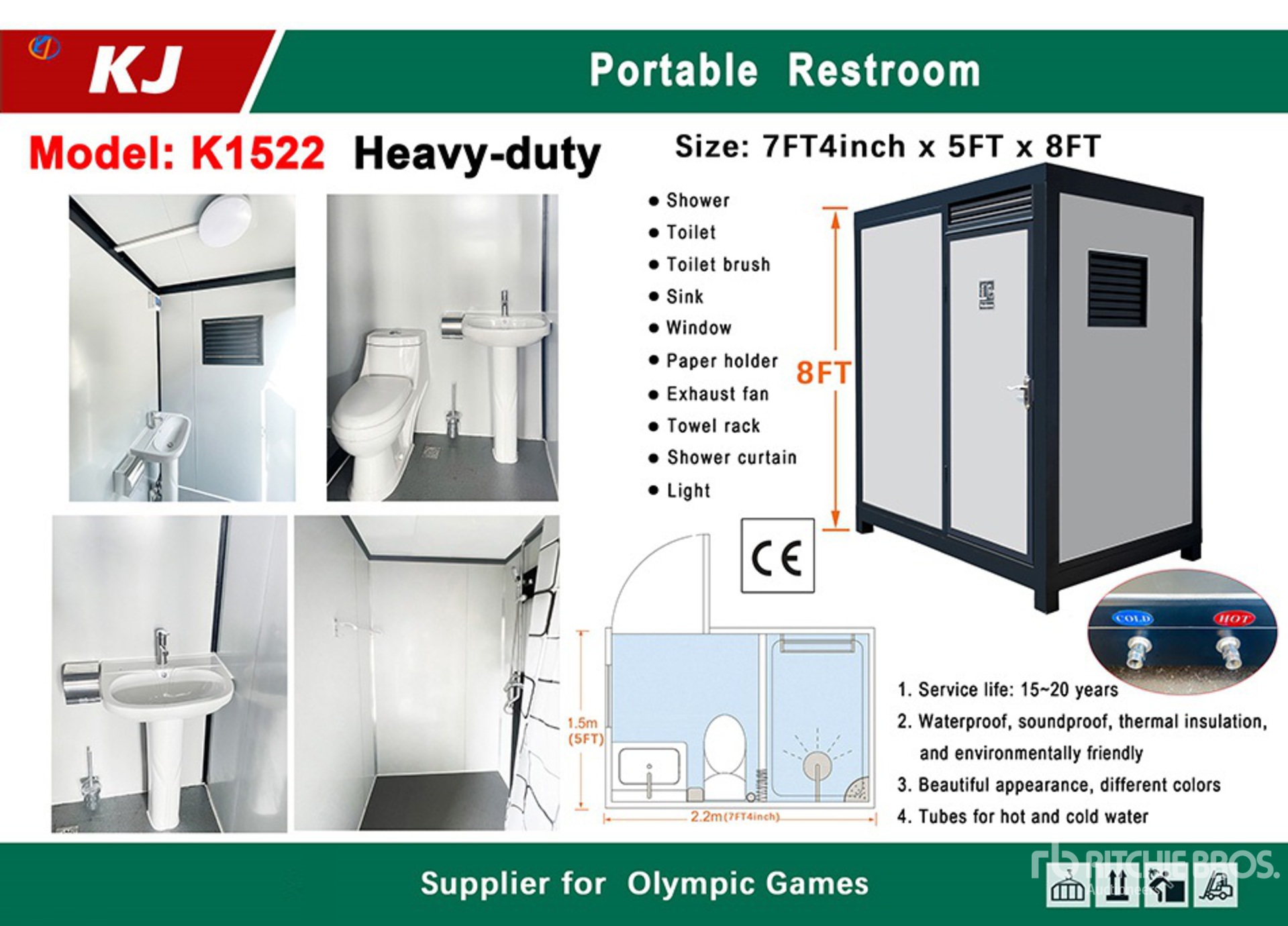 2025 KJ K1522 7 ft 4 in x 5 ft x 8 ft Draagbaar toilet (Unused)