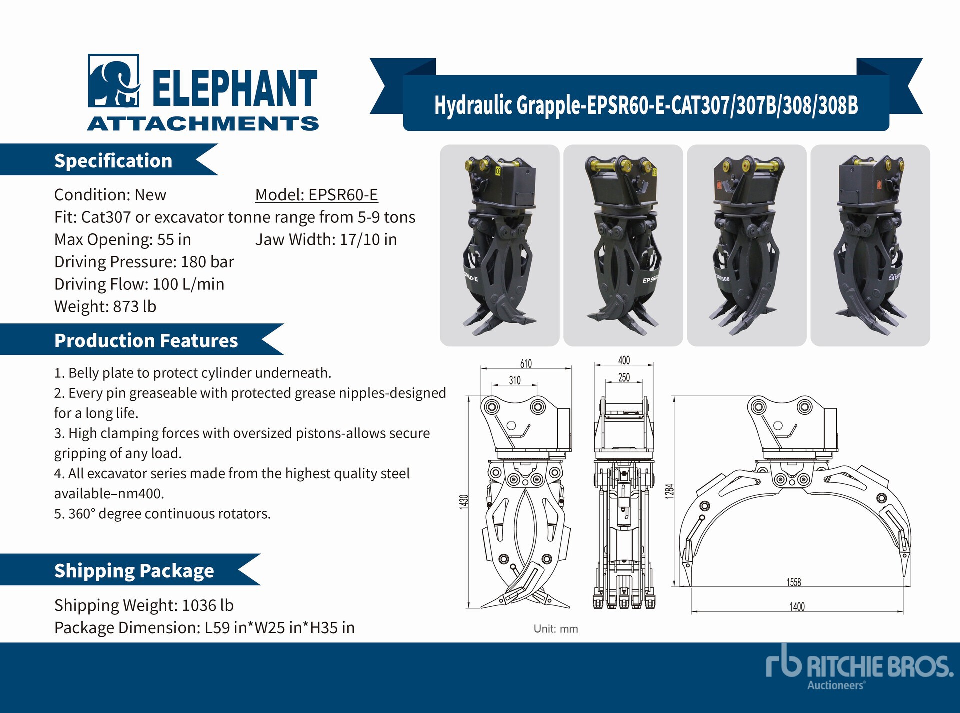 2025 Elephant EPSR60-E Rotating Excavator Grapple - Fits Cat 307 / 5 - 9 ton (Unused)