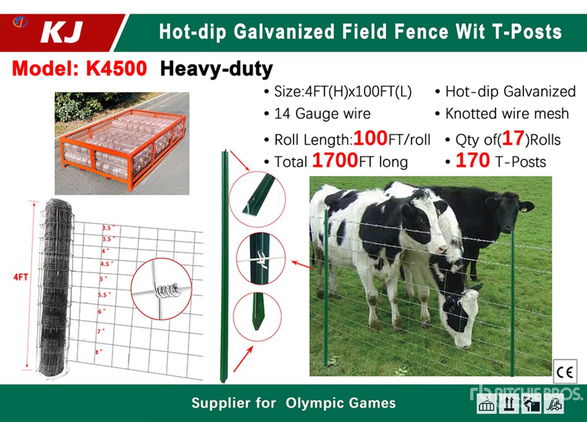 Quantity of (17) 2025 KJ K4500 100 ft x 4 ft Galvanized Farm Wire Fencing (Unused)