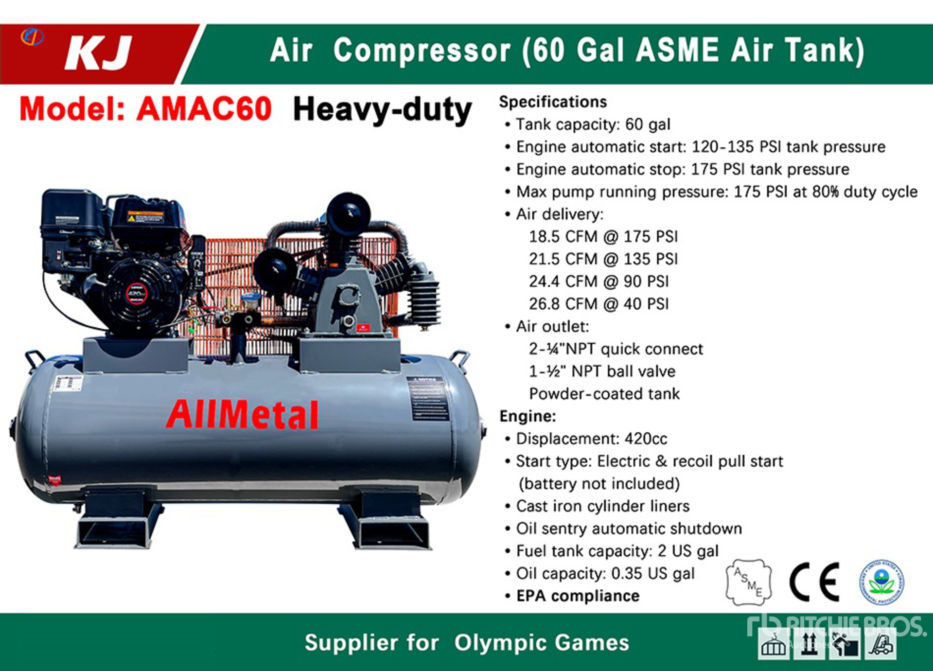 2025 KJ AMAC60 18.5 cfm Skid-Mounted 60 gal Air Compressor (Unused)