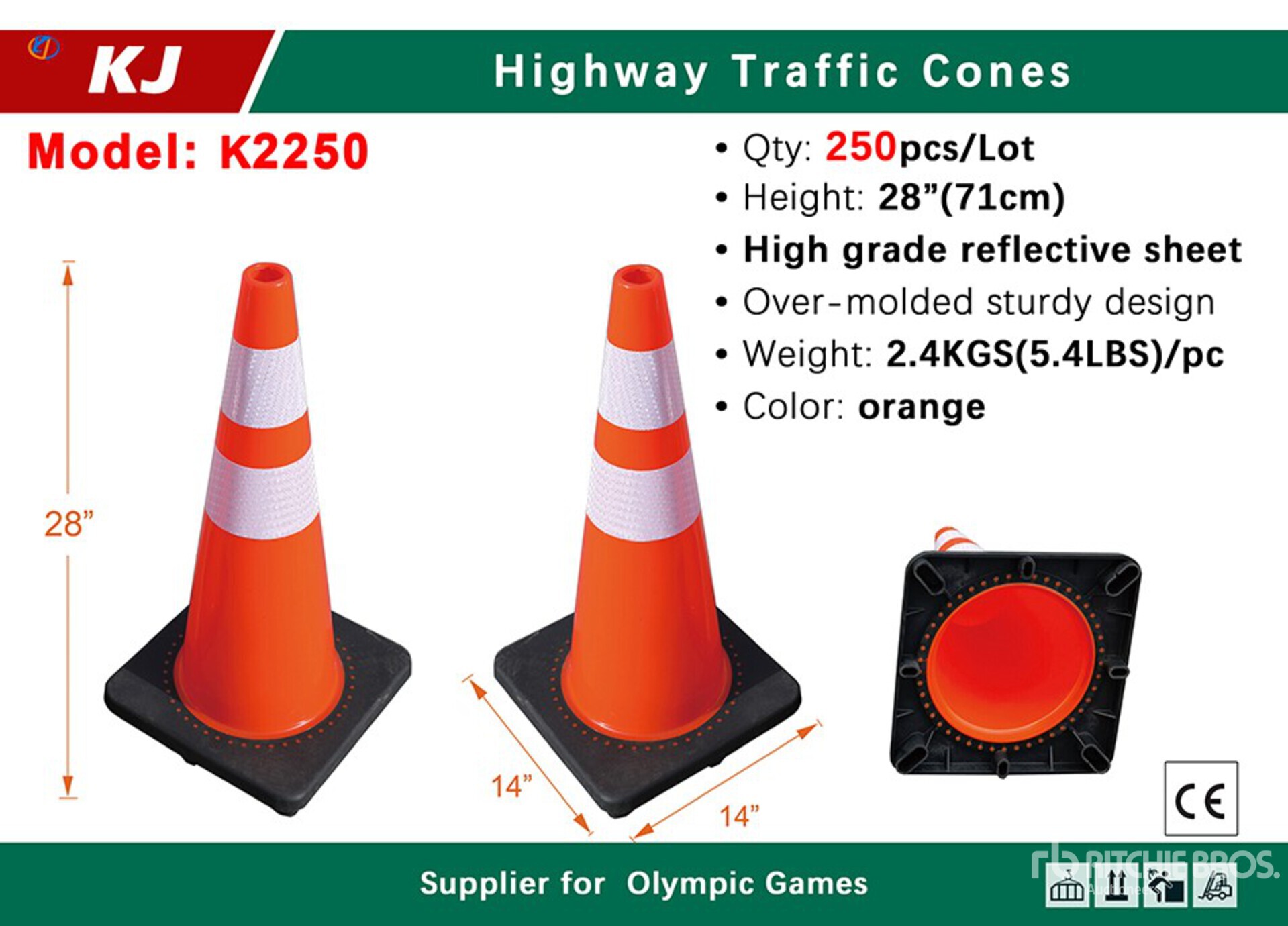 Quantity of (250) 2025 KJ K2250 28 in Traffic Cones (Unused)