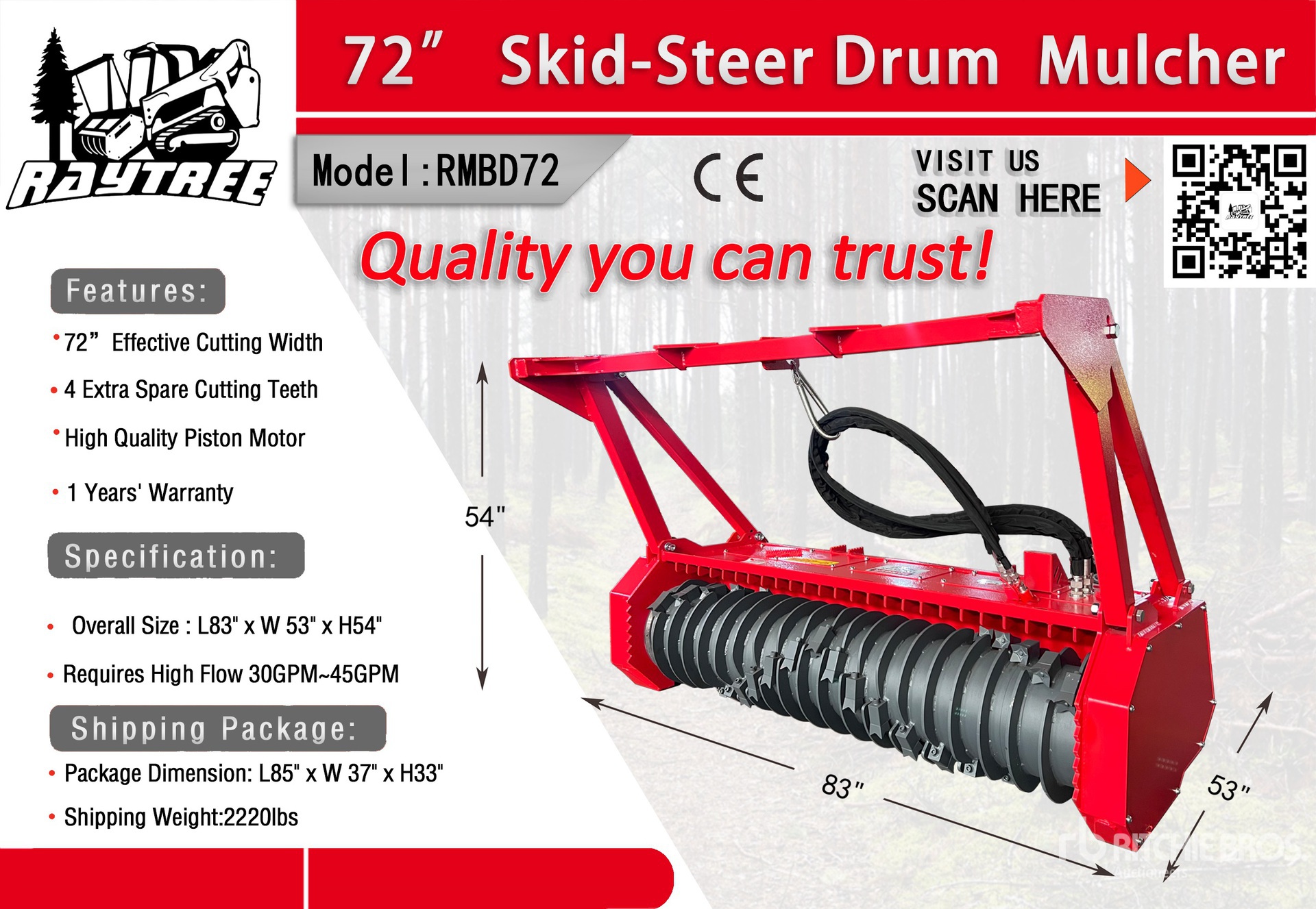 2025 Raytree RMBD72 72 in Skid Steer Mulcher (Unused)