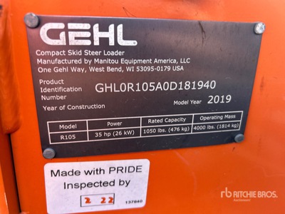 2019 Gehl R105 Skid Steer Loader