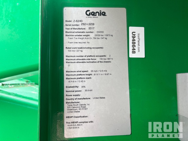 ELEVADOR ARTICULADO 2017 GENIE 4WD Z6240
