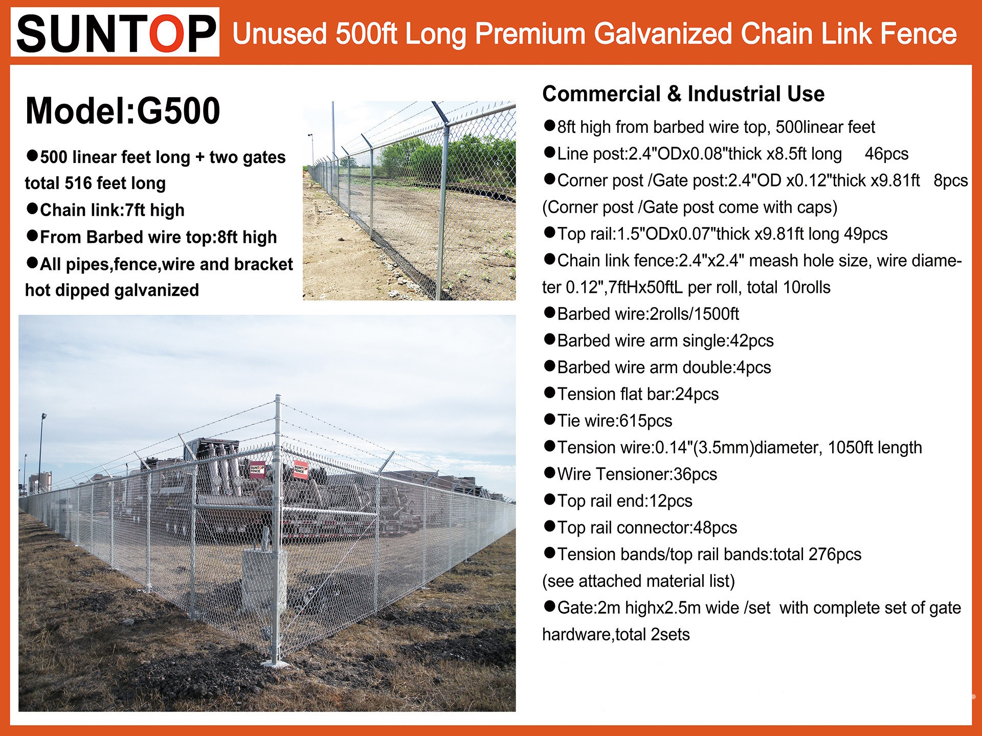 2025 SUNTOP G500 500 ft x 7 ft Galvanized Chain Link Site Fence (Unused)