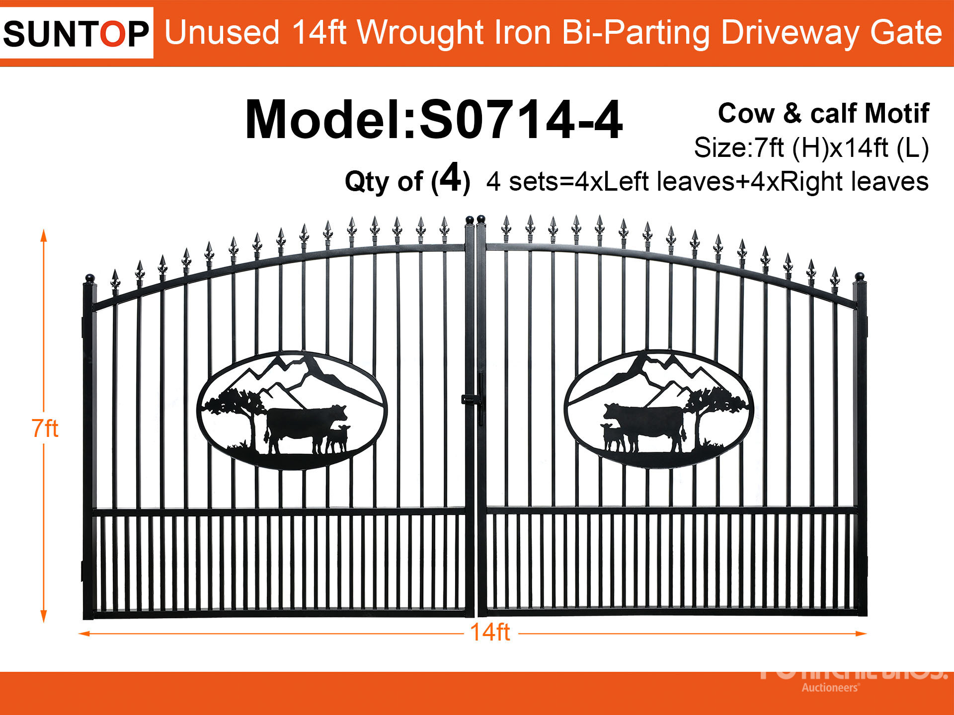 Quantity of (4) 2025 SUNTOP S0714-4 14 ft x 7 ft Wrought Iron Bi-Parting Driveway Gate (Unused)