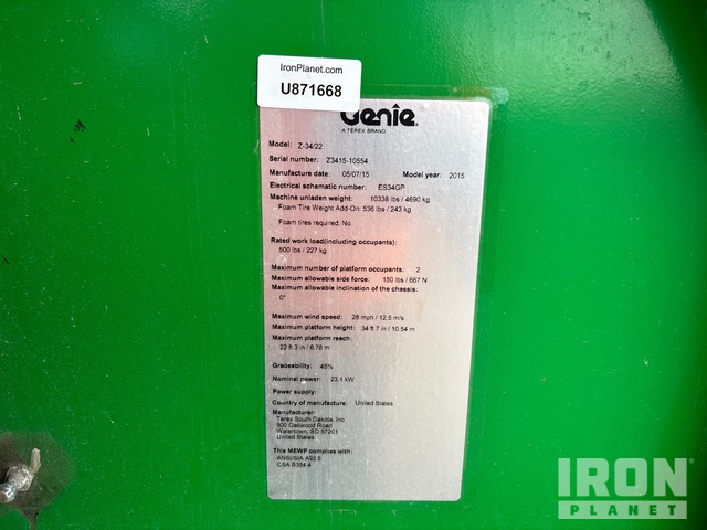ELEVADOR ARTICULADO 2015 GENIE 4WD Z3422