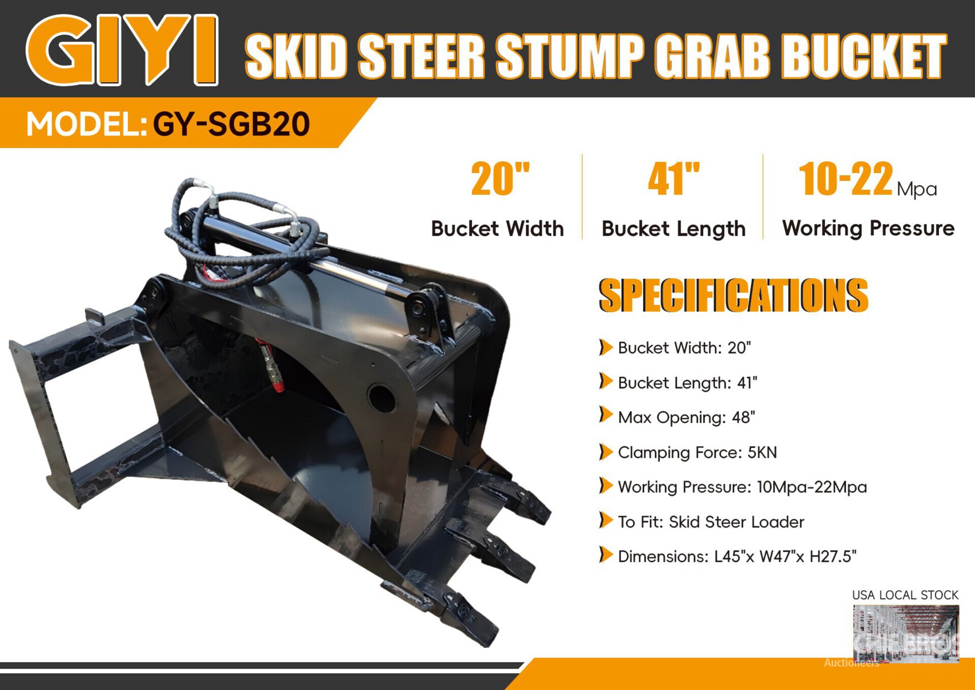 2025 GIYI GY-SGB20 20 in Grapple Skid Steer Stump Bucket (Unused)