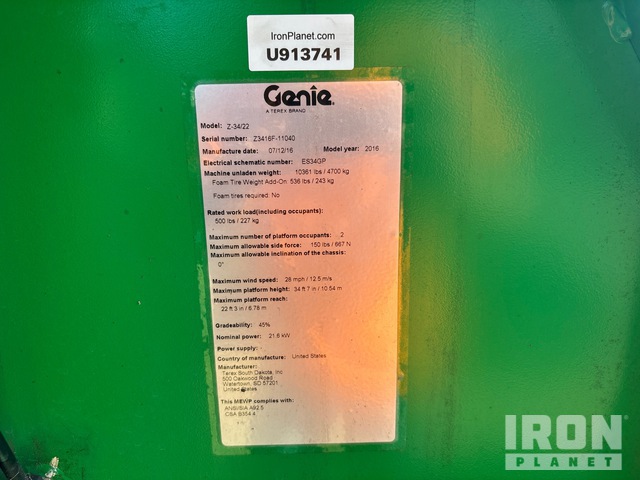 ELEVADOR ARTICULADO 2016 GENIE 4WD Z3422