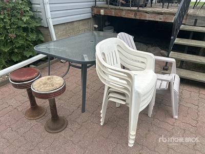 5 ft x 3 ft Glass Table, Bar Stool & Poly Chairs Divers