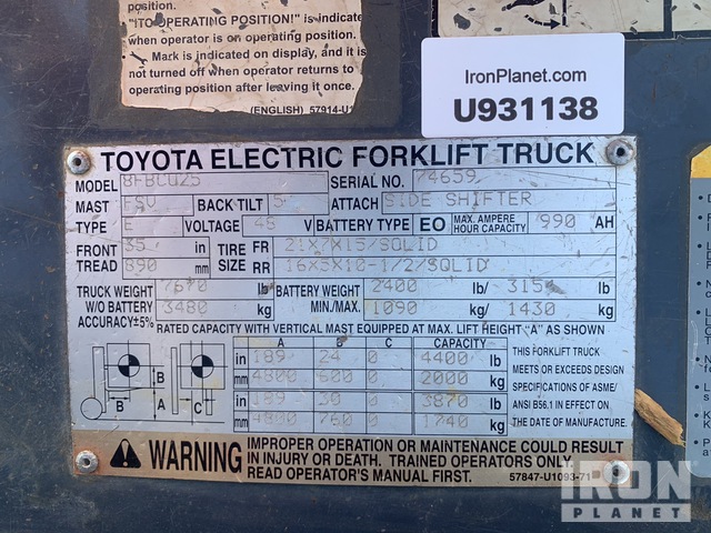 MONTACARGAS ELéCTRICO 2017 TOYOTA 8FBCU25