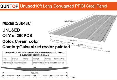 Quantity of (200) 2025 SUNTOP S3048C 3 ft x 10 ft Corrugated PPGI Steel Panels (Unused)