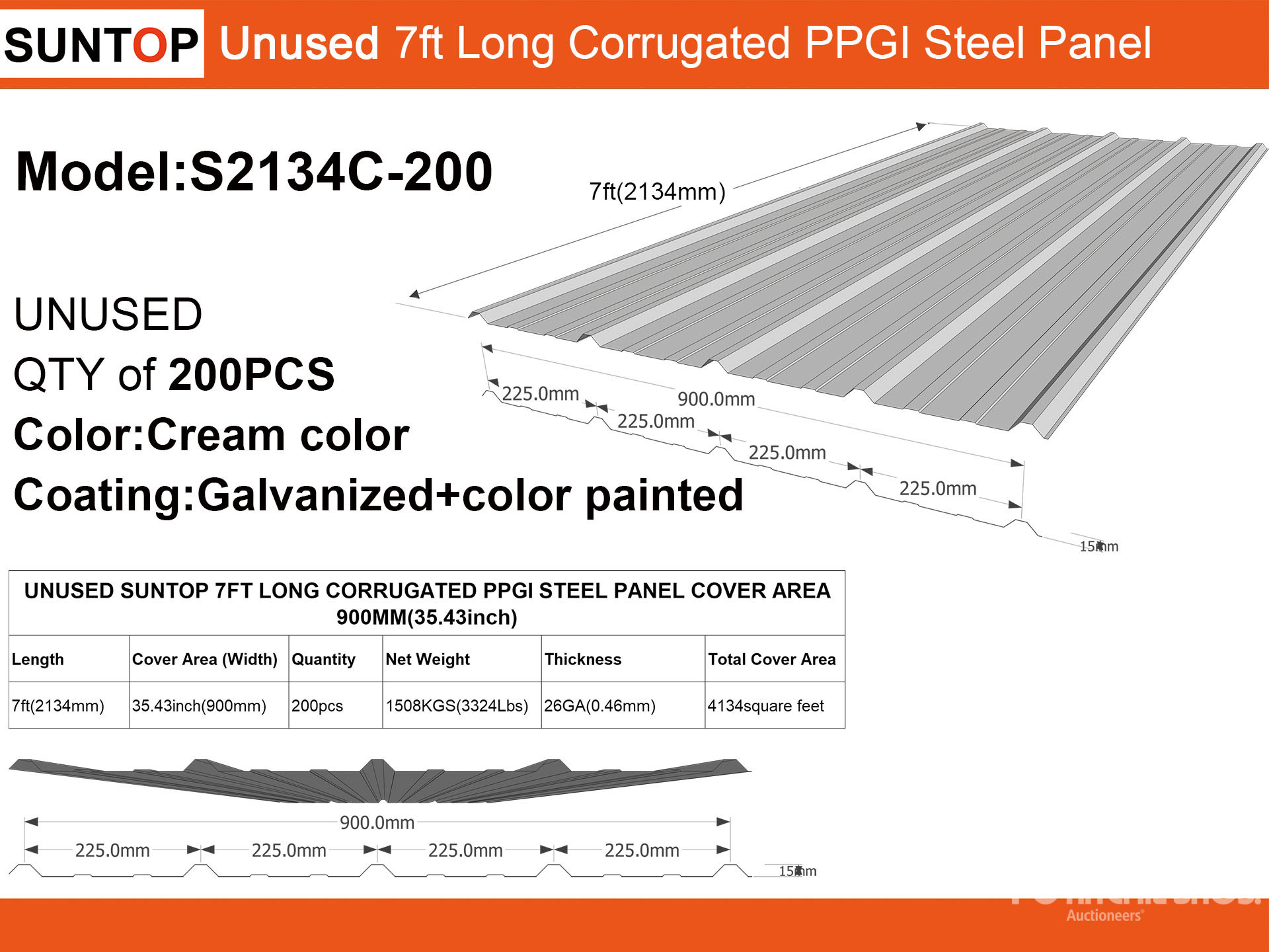 Quantity of (200) 2025 SUNTOP S2134C-200 Corrugated Steel Sheets (Unused)