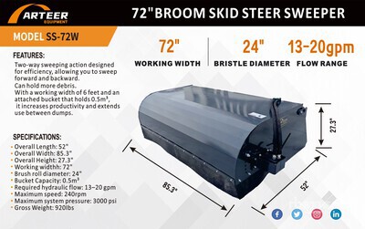 2025 ARTEER SS-72W 72 in Skid Steer Sweeper (Unused)