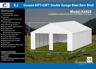 2025 KJ K4525 25 ft x 45 ft Metal Double Garage Storage Building (Unused)