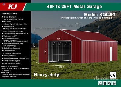 2025 KJ K2545G 46 ft x 25 ft Garage Metal Abri (Unused)