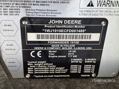 2016 John Deere 1910E 8x8 Log Forwarder