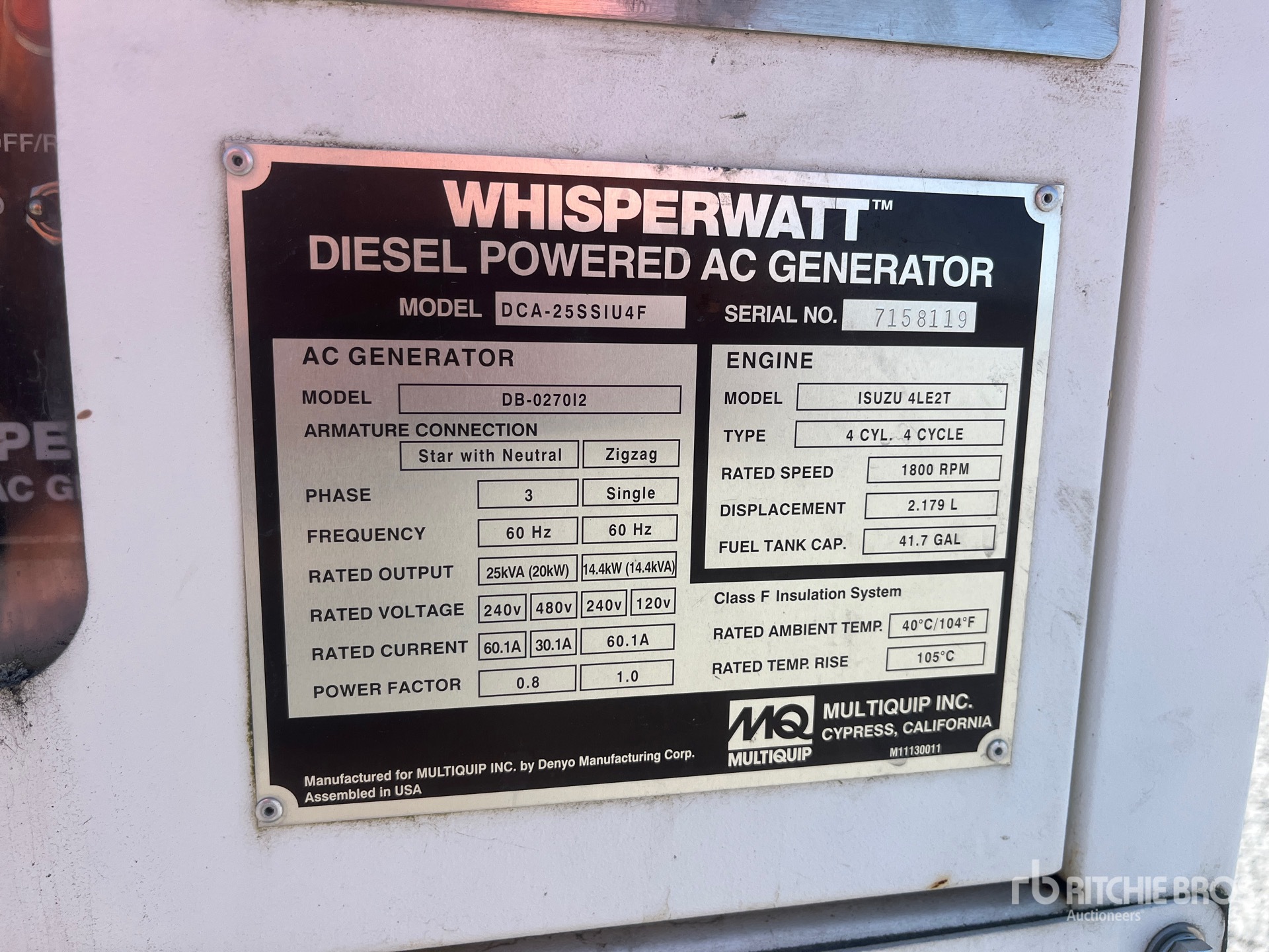 Multiquip DCA-25SSU4F 20 kVA Skid-Mounted 発電機セット (250-749 kw/310-950 kva)