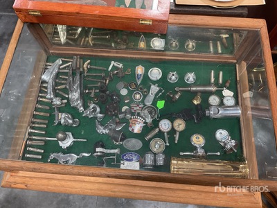 Display w/ Valve Stems, Moto Meters, Center Caps & Radiator Covers Antiques