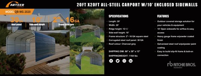 2025 ARTEER QB-WG-2020 20 ft x 20 ft Carport (Unused)