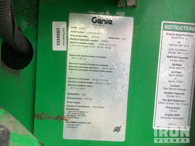 ELEVADOR ARTICULADO 2016 GENIE 4WD Z4525