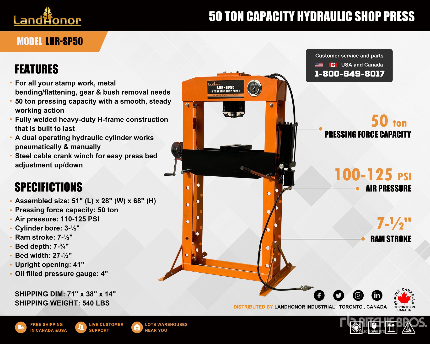 2025 Landhonor LHR-SP50 50 ton Shop Press (Unused)