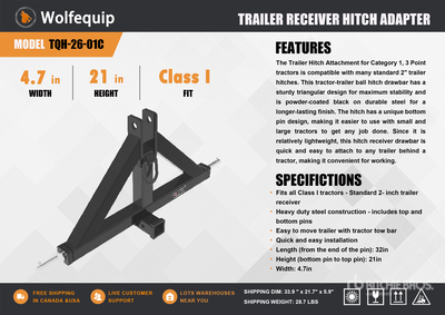 2025 TQH-26-02C Hitch Receiver Adapter 3-Point Hitch (Unused)