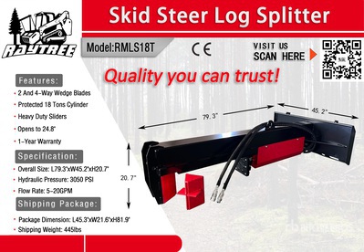 2025 Raytree RMLS18T 18 ton Skid Steer Log Splitter (Unused)