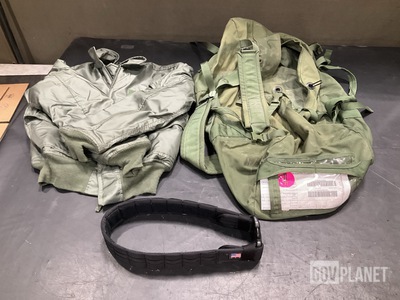 (41) Duffel Bags, (47) Military Police Belts, (1) Flyers Jacket & Assorted Items