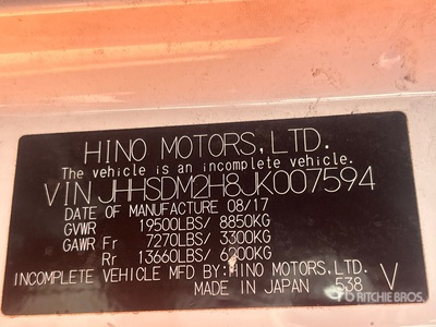 2018 Hino 740 4x2 バントラック