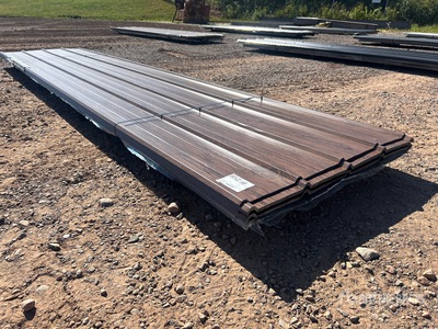 Quantity of (70) 14 ft Dark Wood Grain Steel Siding/Roofing Sheets (Unused)