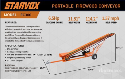 2025 STARVOX FC300 12 in x 30 ft Portable Fire Wood Conveyor (Unused)
