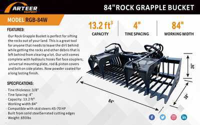 2025 ARTEER RGB-84W 84 in Root Rake Skid Steer Grapple Bucket (Unused)