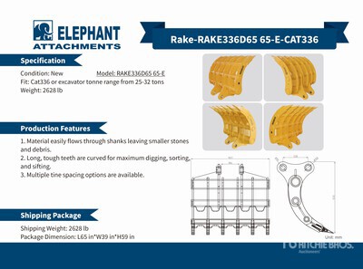2025 Elephant RAKE336D65  65-E 65 in Râteau d'excavatrice - Fits Cat 336 / 25 - 32 ton (Unused)