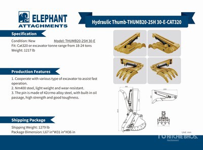 2025 Elephant THUMB20-25H 30-E Hydraulic Pouce d'excavatrice - Fits Cat 320 / 18 - 24 ton (Unused)