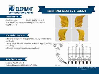 2025 Elephant RAKE32065 65-E 65 in Râteau d'excavatrice - Fits Cat 320 / 17 - 24 ton (Unused)