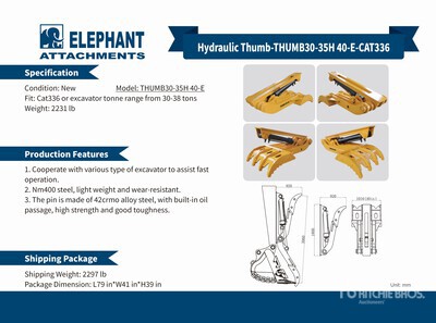 2025 Elephant THUMB30-35H 40-E Hydraulic Pouce d'excavatrice - Fits Cat 336 / 30 - 38 ton (Unused)