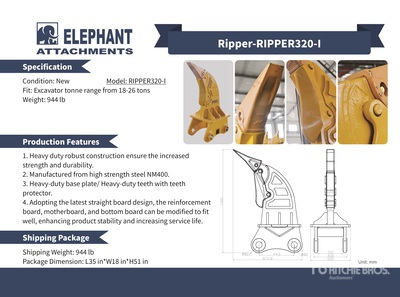 2025 Elephant RIPPER320-I Excavator Ripper - Fits Excavator 18 - 26 ton (Unused)