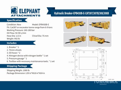 2025 Elephant EPB430B-E Concasseur hydraulique - Fits Cat 307 / 6 - 9 ton (Unused)