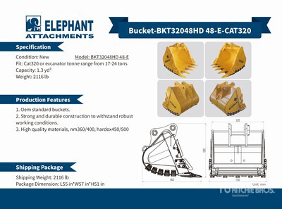 2025 Elephant BKT32048HD 48-E 48 in 1.3 cyd Digging Godet d'excavatrice - Fits Cat 320 / 17 - 24 ton (Unused)