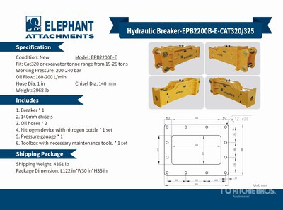 2025 Elephant EPB2200B-E Hydraulic Breaker - Fits Cat 320 / 17 - 26 ton (Unused)